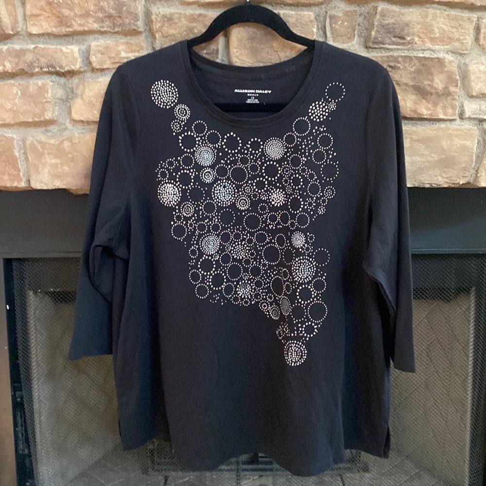 Allison Daley black top with circular silver embellishments. Size 2X